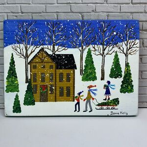 Vintage Hand Painted Folk Art Signed 5 x 7 Winter Christmas Tree Snow Scene